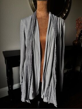 Fenini Lagenlook Gray Linen Cotton Mixed Media Drape Cardigan Ribbed Gauze M